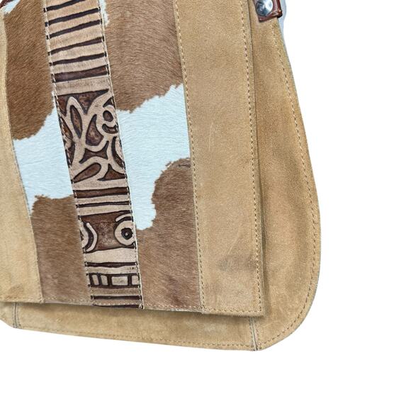 Claudia Firenze Suede and Leather Crossbody Bag Purse Tan Brown Cowhide Italy - Picture 7 of 9